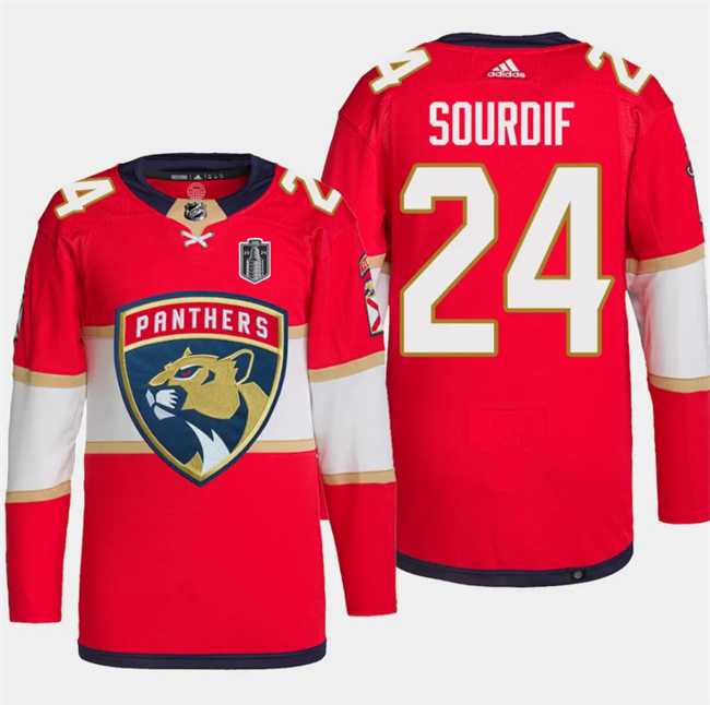 Men%27s Florida Panthers #24 Justin Sourdif Red 2024 Stanley Cup Final Stitched Jersey Dzhi